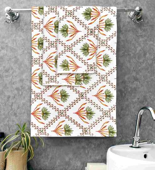 Foliage Madhuban Floral Waffle Cotton 250 GSM Bath & Hand Towel Set