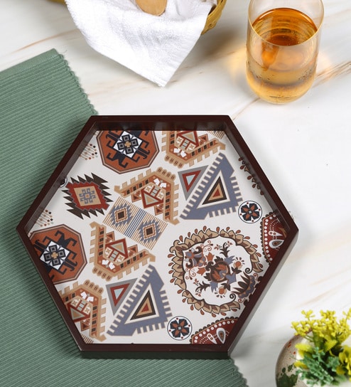 Folk Ornament  Hexagon   Brown MDF Multipurpose Serving Tray