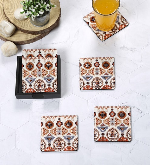 Folk Ornament Brown MDF (Set of 6 ) Table Coasters
