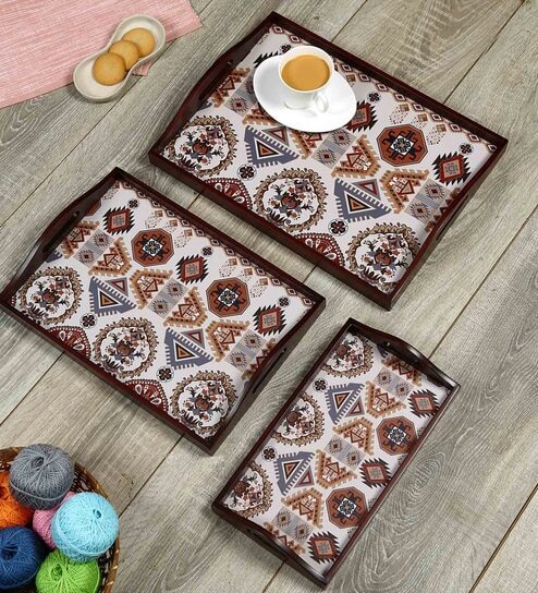 Folk Ornament Brown Teak Wood & MDF Serving Tray (Set of 3) Reinvention factory