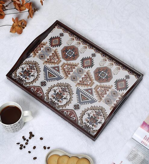 Folk Ornament Brown Teak Wood & MDF Serving Tray Reinvention factory