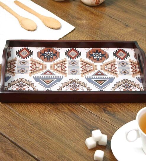 Folk Ornament Brown Teak Wood & MDF Serving Tray Reinvention factory