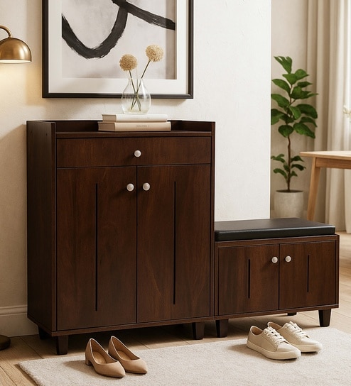 FootFit 20-Pairs Shoe Cabinet In Walnut Finish With Seating