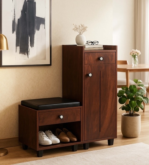 Footsie 12-Pairs Shoe Cabinet In Classic Walnut Finish With Seating