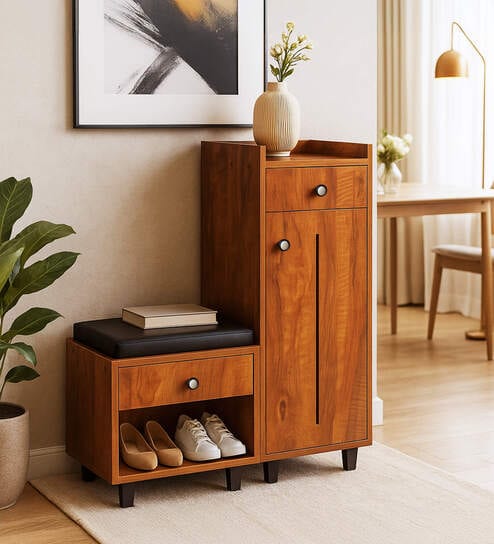 Footsie 12-Pairs Shoe Cabinet In Tan Finish With Seating