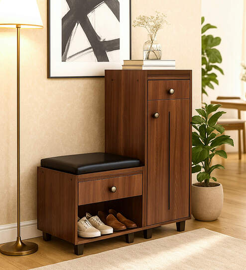 Footsie 12-Pairs Shoe Cabinet In Walnut Finish With Seating