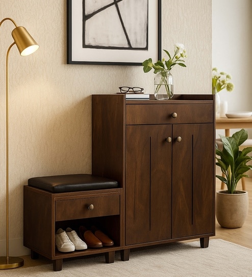 Footsie 16-Pairs Shoe Cabinet In Classic Walnut Finish With Seating