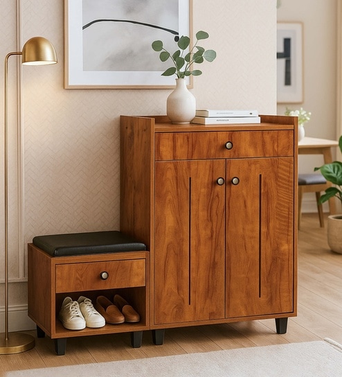 Footsie 16-Pairs Shoe Cabinet In Tan Finish With Seating