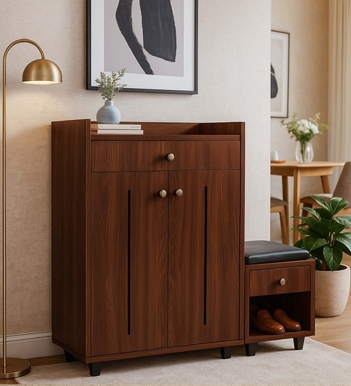 Footsie 16-Pairs Shoe Cabinet In Walnut Finish With Seating