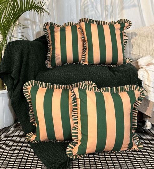 Green Striped Striped Cotton Ruffle 18x18 inches Cushion Covers Set of 4