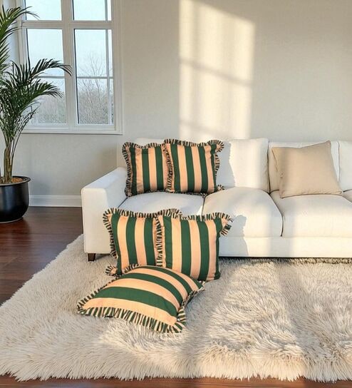 Green Striped Striped Cotton Ruffle 18x18 inches Cushion Covers Set of 5