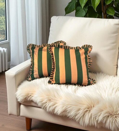 Green Striped Striped Cotton Ruffle 18x18 inches Cushion Covers Set of 2