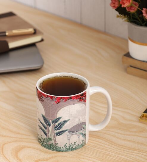 Fort Design & Green Leaves Printed Ceramic Coffee Mug 320ml
