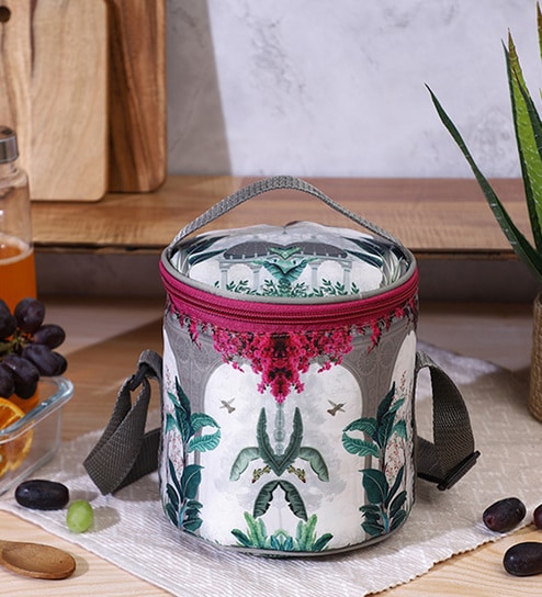 Fort Design & Green Leaves Printed Round Insulated Lunch Bag