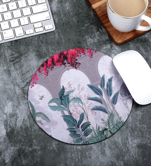 Fort Design & Leaves Printed Round Mousepad