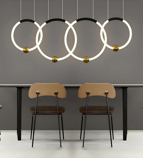Four Rings 52W LED Ceiling Chandelier 90cm, Geometric Quad Ring White Black Gold Design, 3 Light Modes, Modern Chandelier for Living Room Bedroom Dining Hall Office Lighting