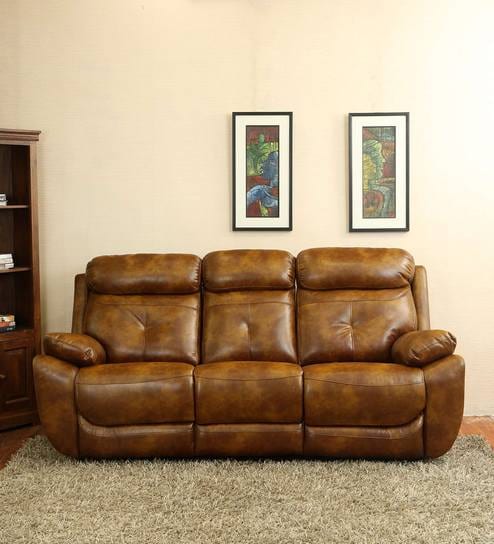 4 Square Leatherette Motorized 3 Seater Recliner In Brown Colour