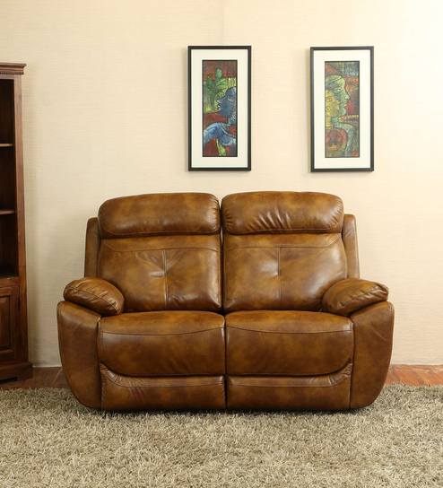 4 Square Leatherette Manual 2 Seater Recliner in Brown Colour