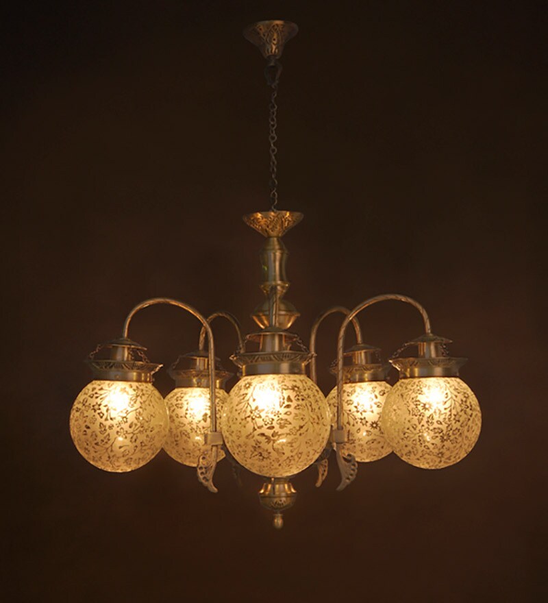 Buy 5 Light Brass & Glass Etched Globes Chandelier by Fos Lighting