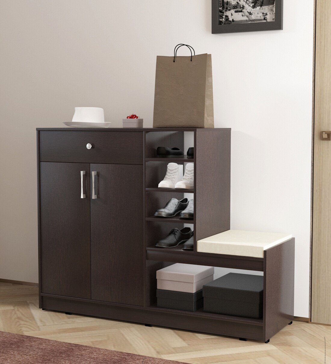 Buy Francisca Shoe Rack with Seating in Wenge Finish Online - Shoe Rack ...