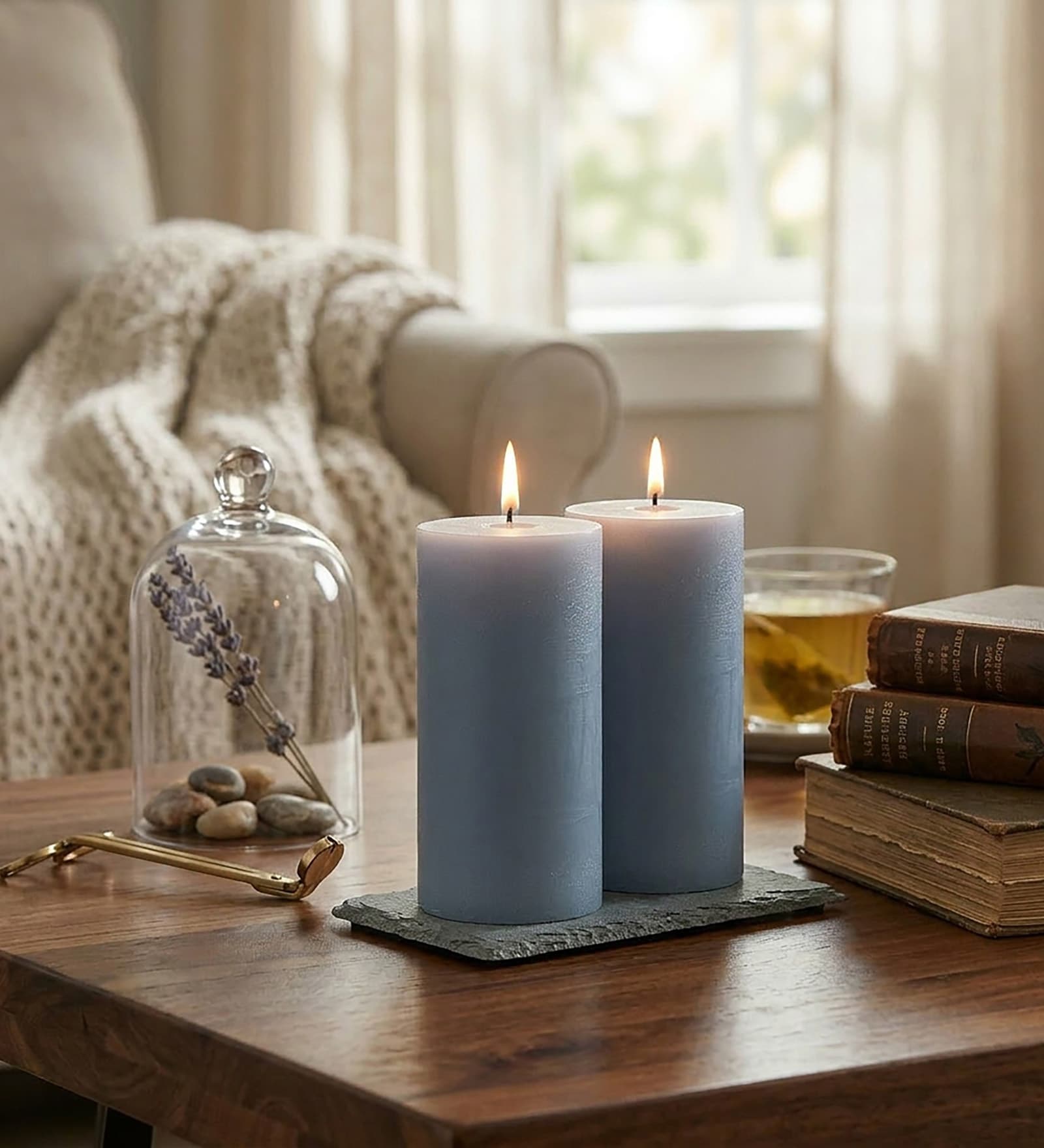 Set of Blue Fragranced Pillar Soy Candles Ocean Scented