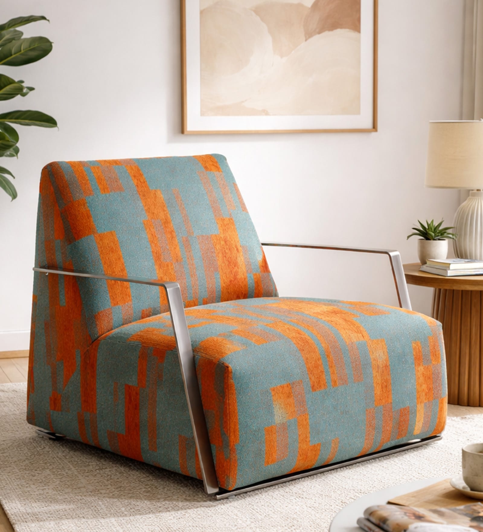 Francesca Upholstered Fabric Lounge Chair in Orange and Grey Colour