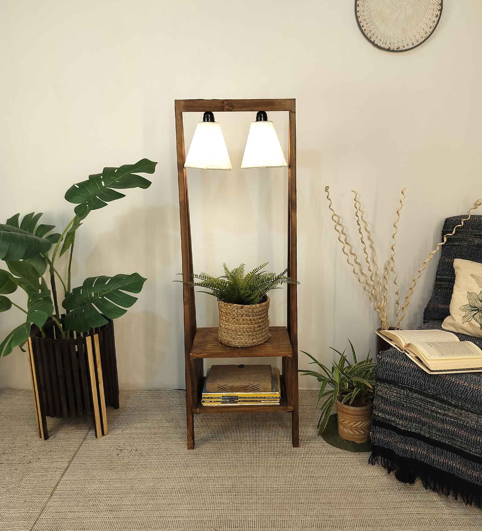 Francis Wooden Shelf Floor Lamp with Wooden Shade & Brown Base