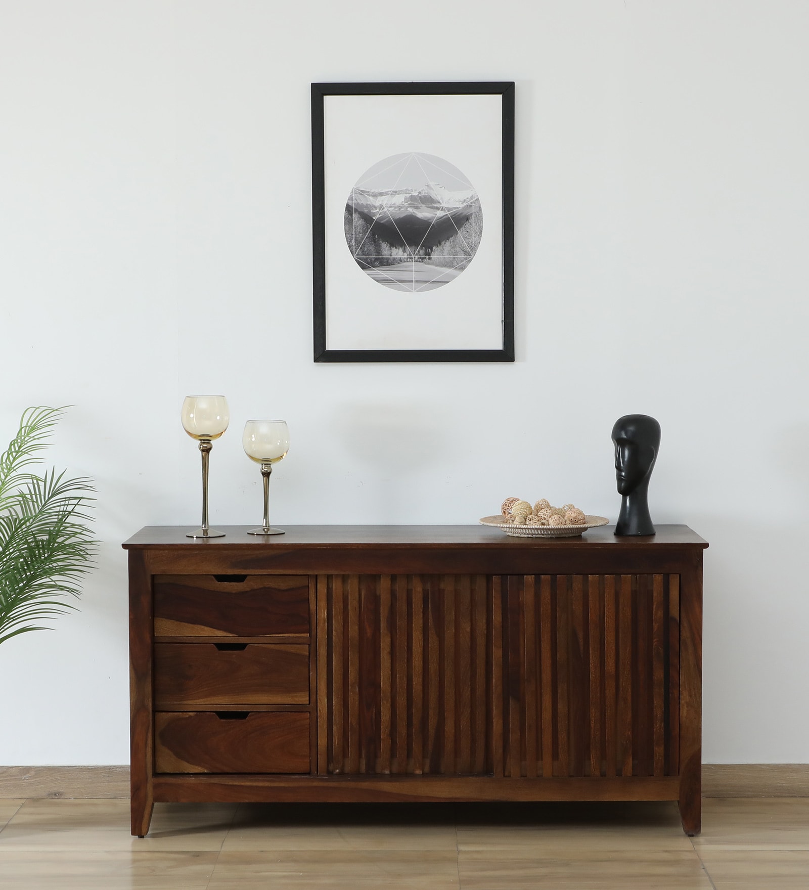 Francisco Sheesham Wood Sliding Door Sideboard In Scratch Resistant Provincial Teak Finish