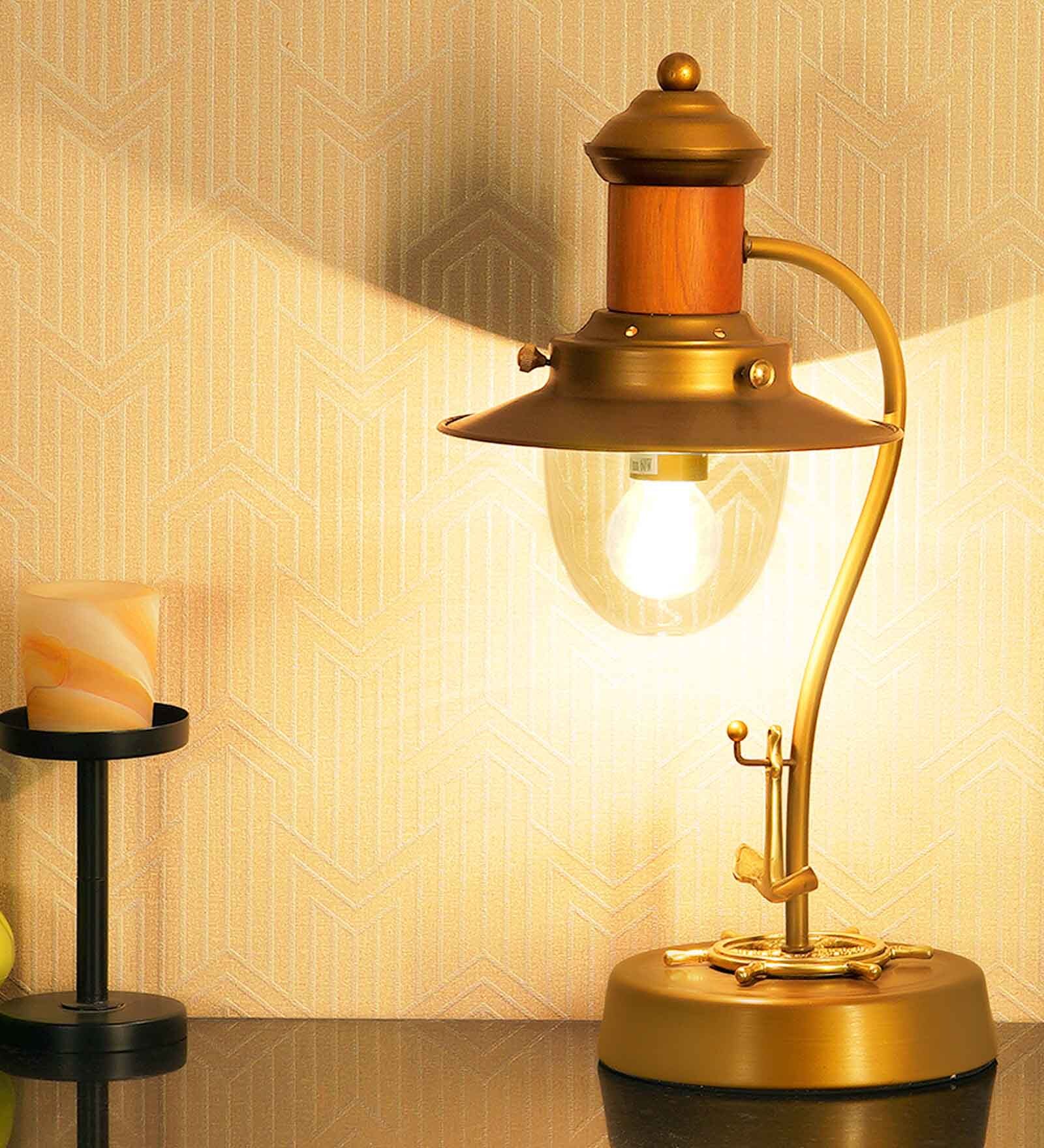 Franklin Antique Brass Shade Table Lamp With Metal & Glass Base