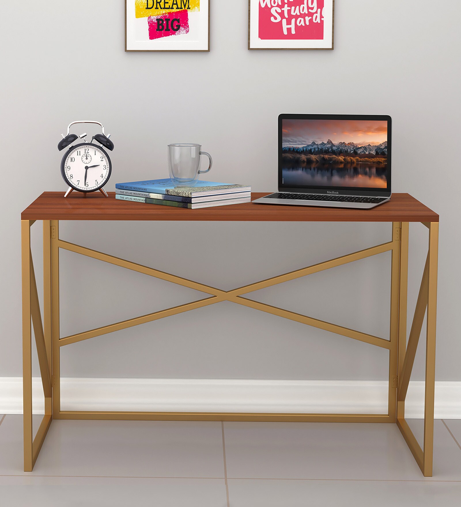 Freddie Metal Writing Table in Gold & Walnut Finish
