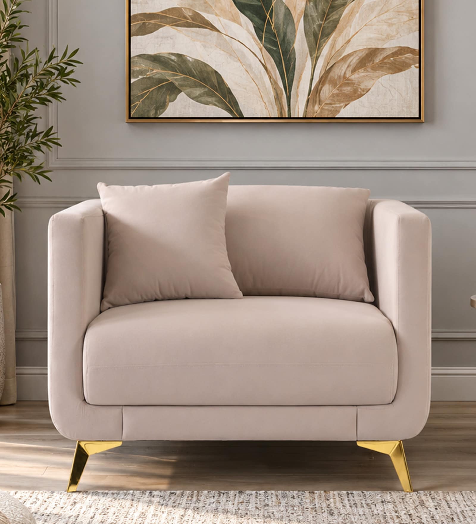 Frejol Velvet 1 Seater Sofa In Cream Colour