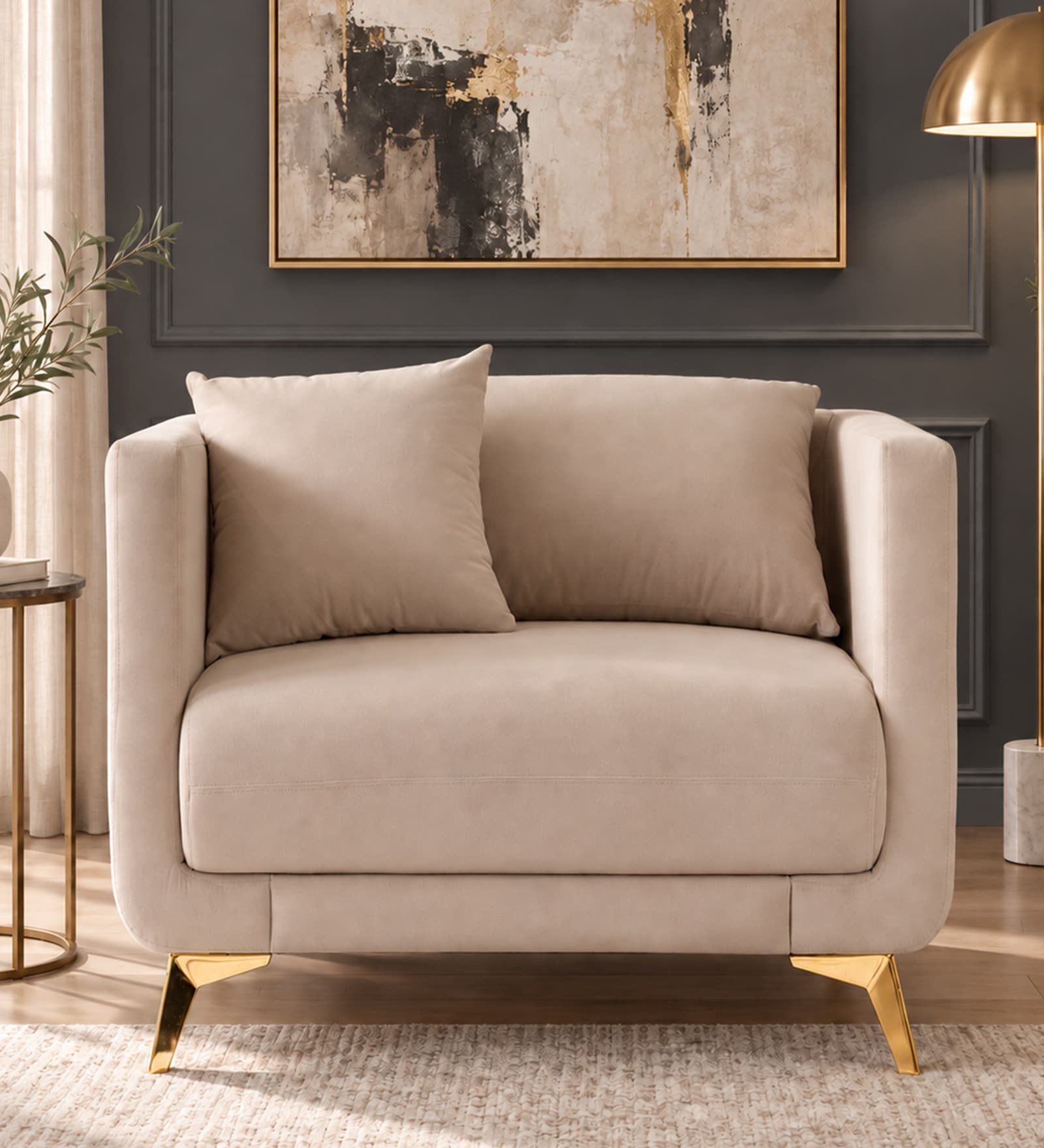 Frejol Velvet 1 Seater Sofa In Cream Colour