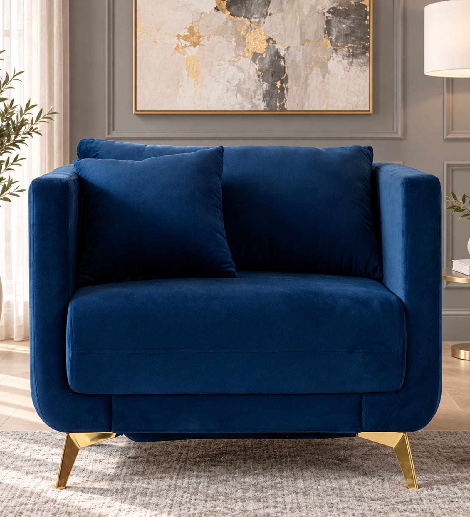Frejol Velvet 1 Seater Sofa In Navy Blue Colour