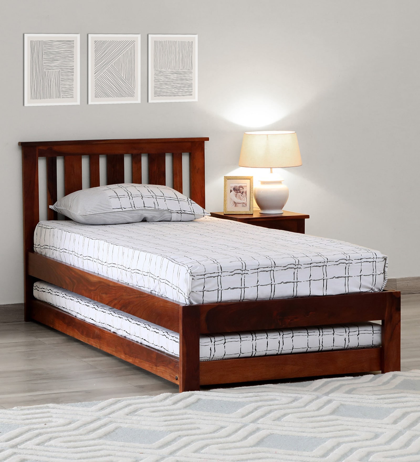Freya Sheesham Wood Single Bed In Honey Oak Finish With Trundle