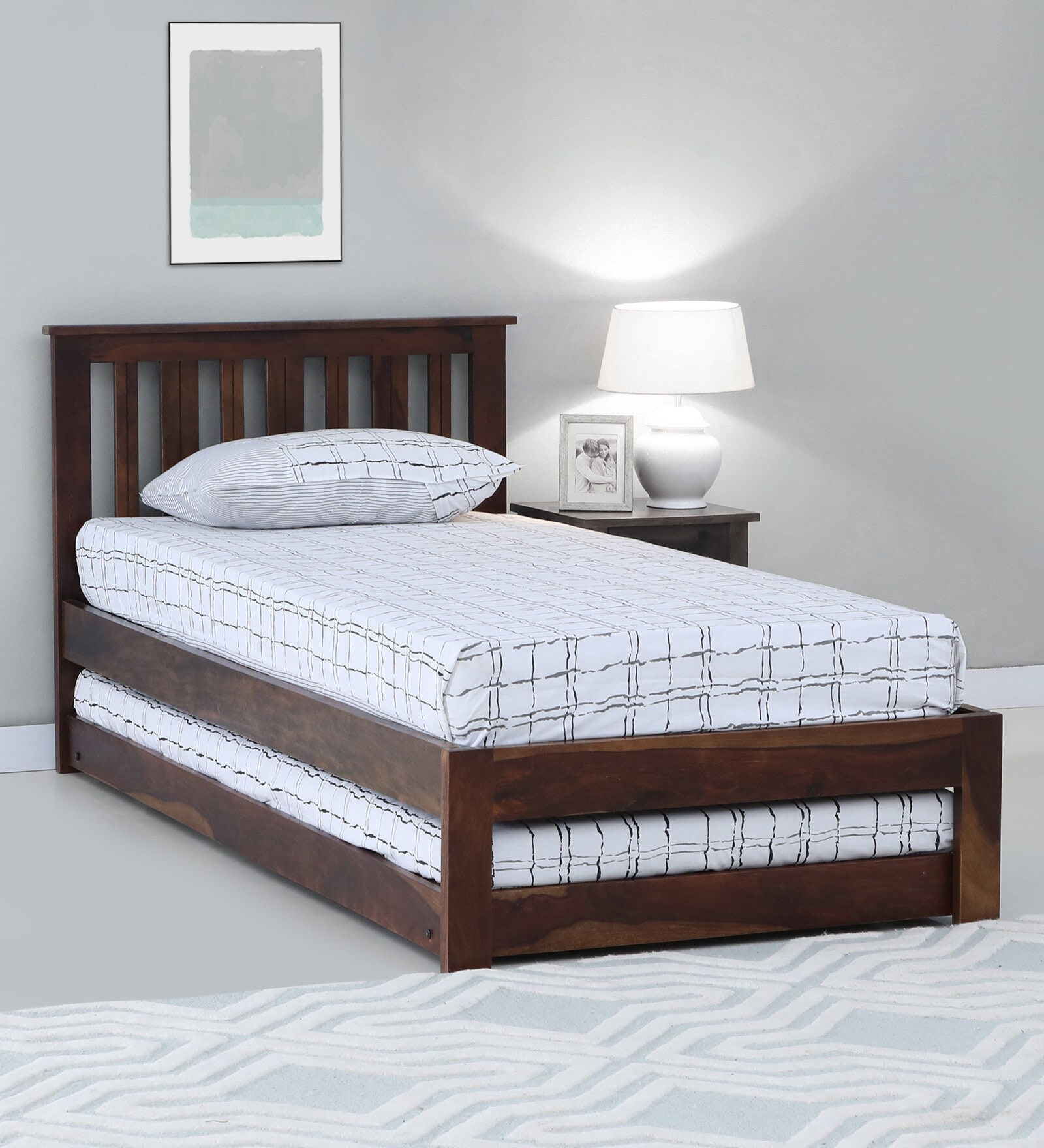 Freya Sheesham Wood Single Bed In Provincial Teak Finish With Trundle
