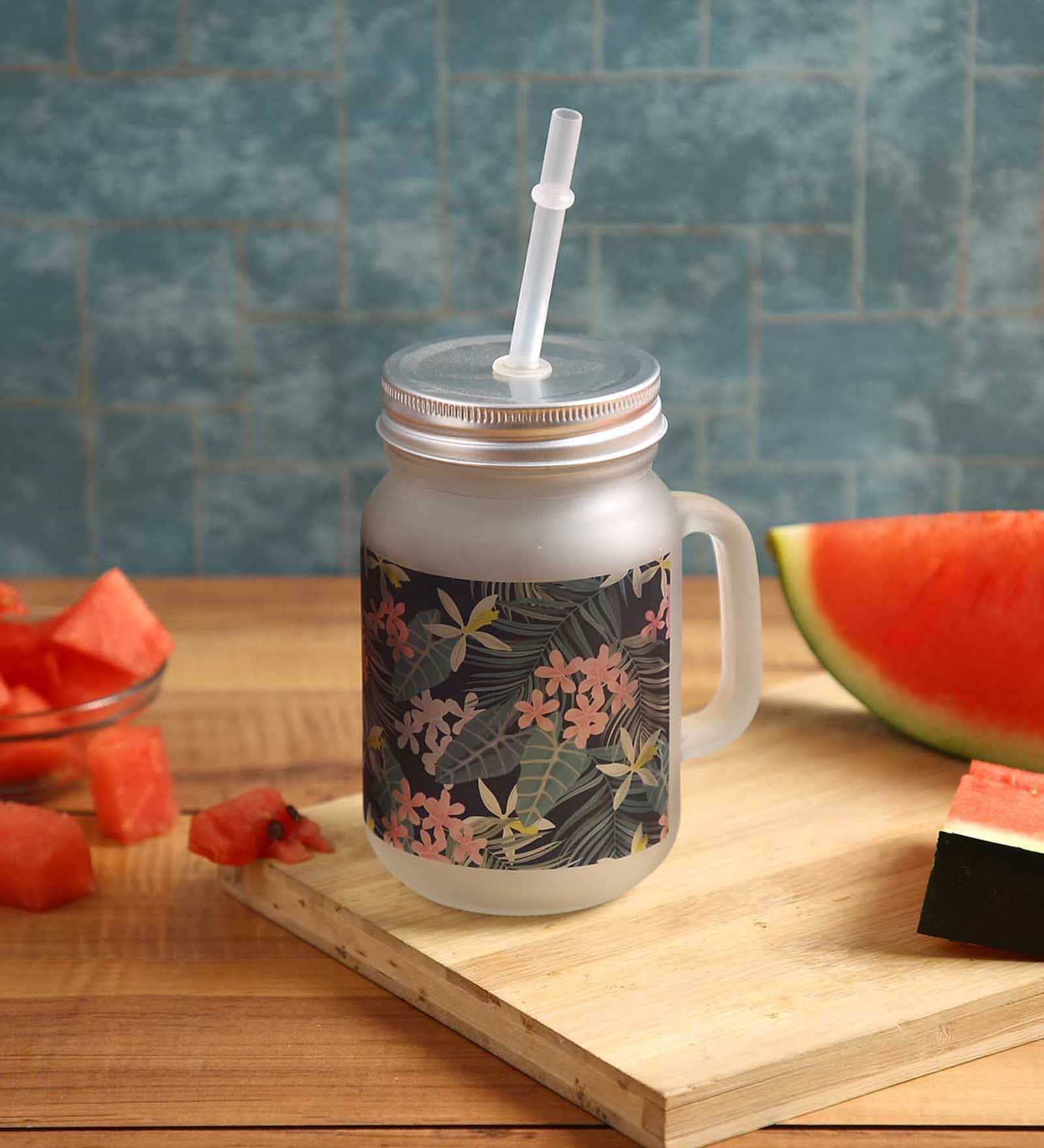 Frosted Glass Jar With Handle & Straw, Black & Green Floral Print, 400Ml