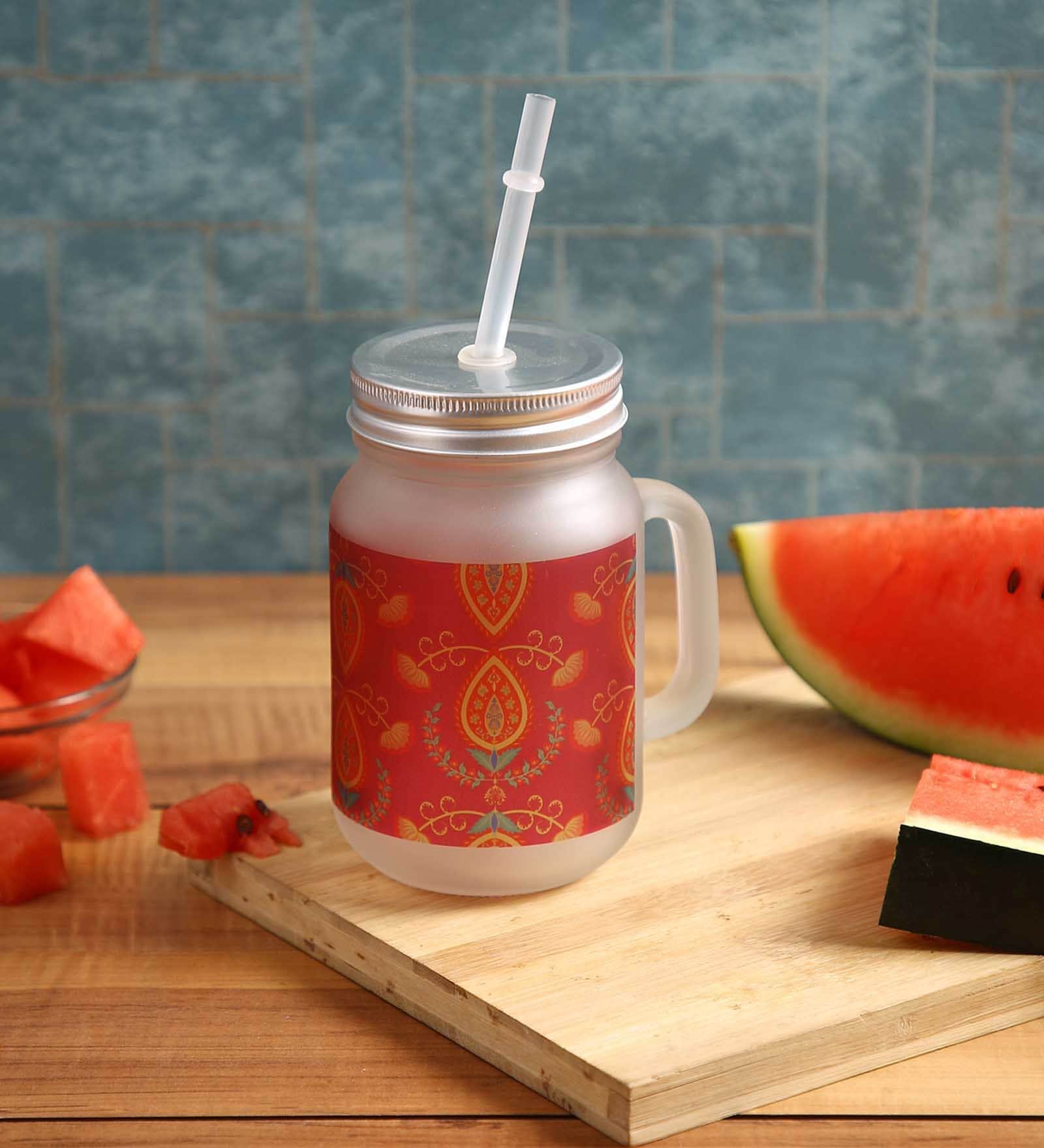 Frosted Glass Jar With Handle & Straw, Red & Orange Mehendi Print, 400Ml