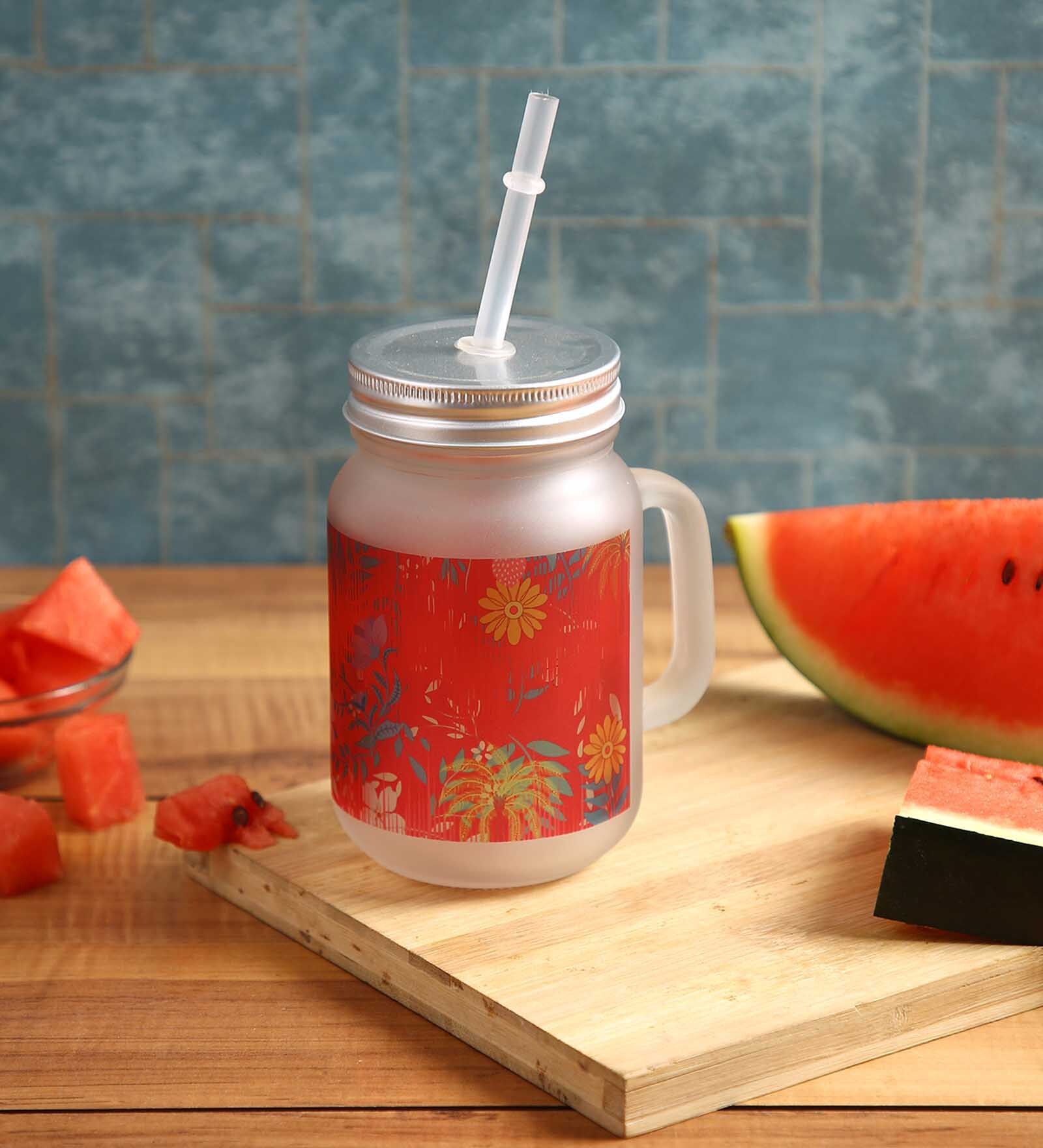 Frosted Glass Jar With Handle & Straw, Red Floral Print, 400Ml