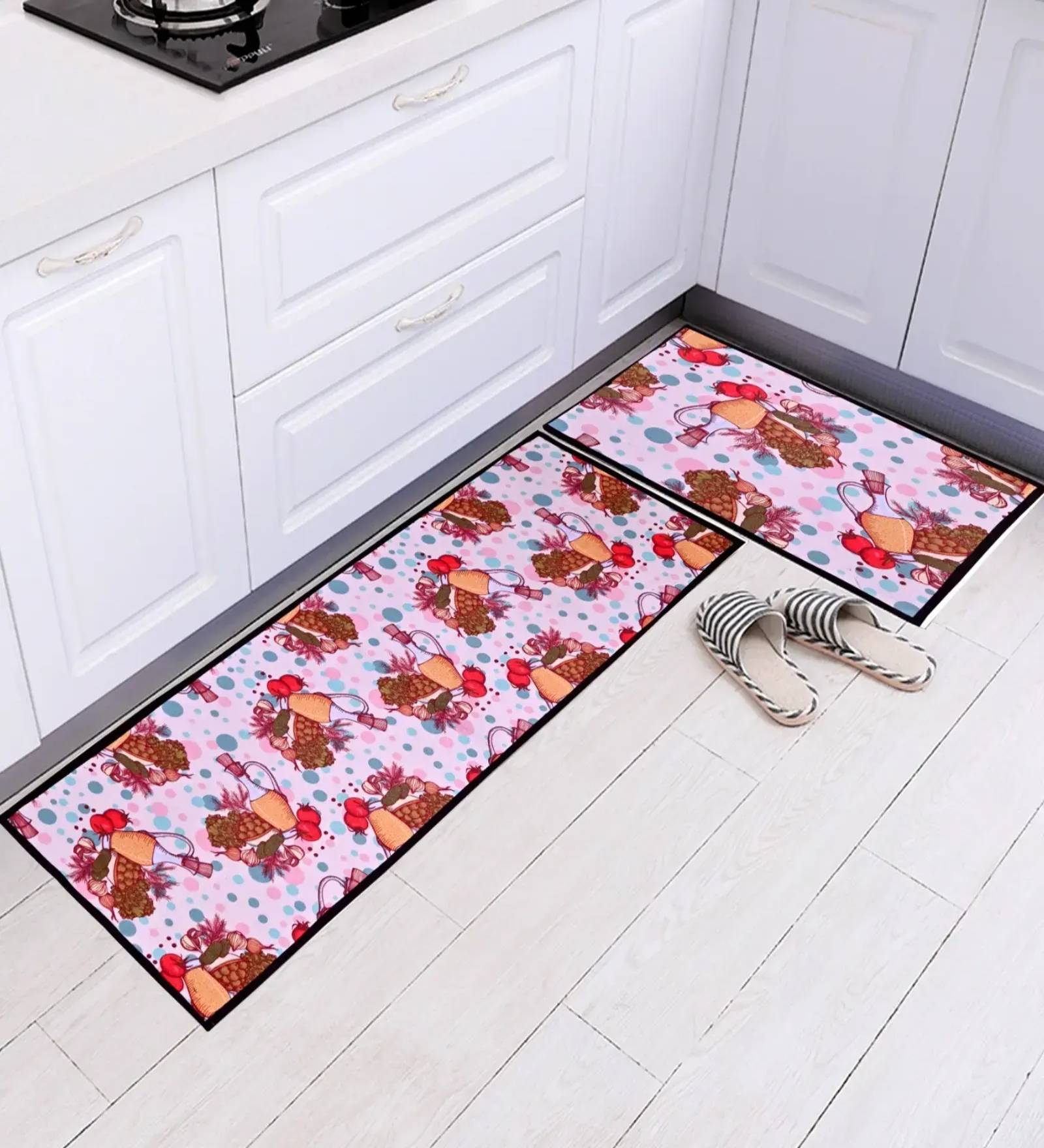 Fruit & Drink Digital Printed Max Absorbant Kitchen Floor Runner with Mat Combo