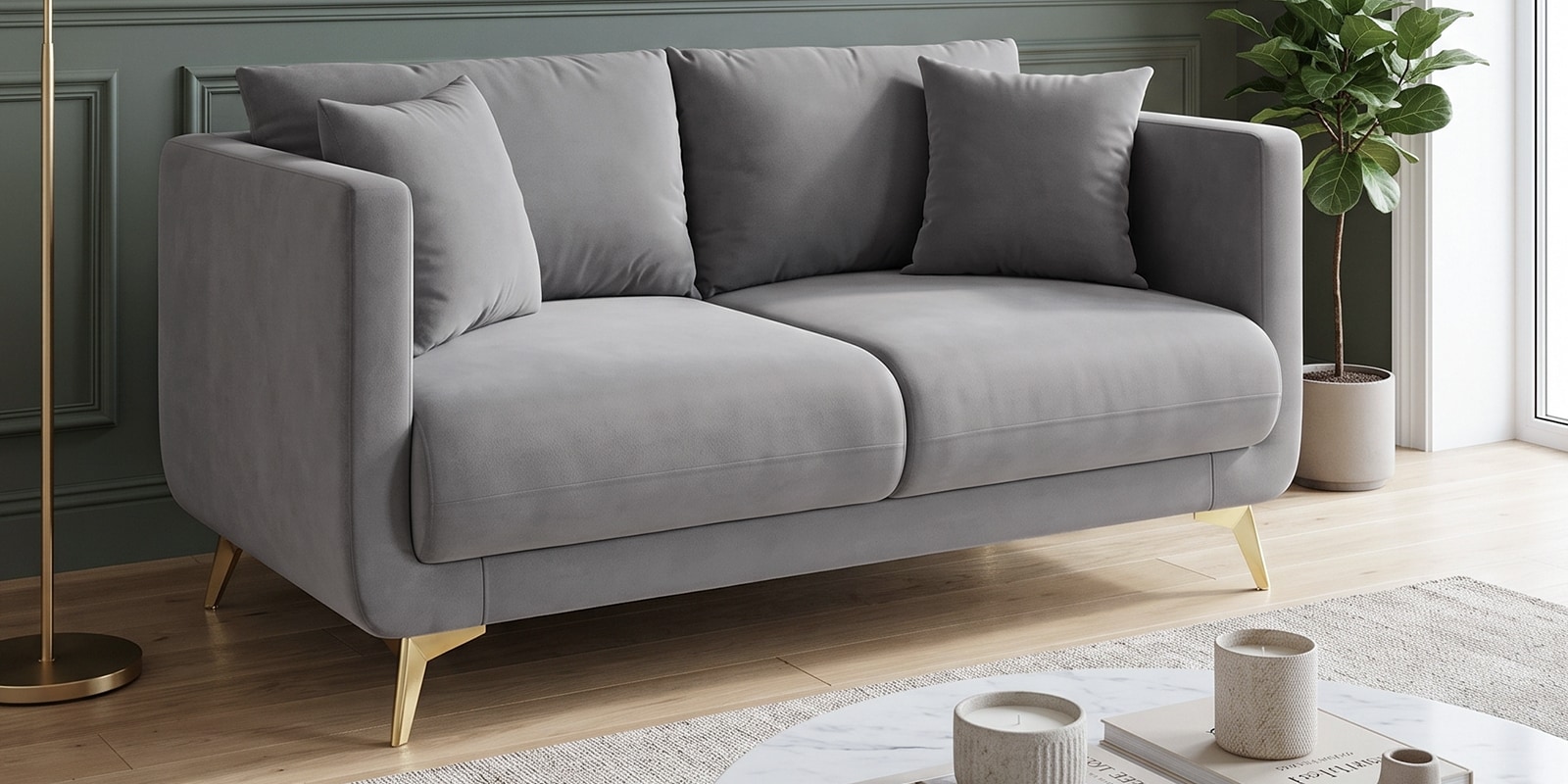 Frejol Velvet 2 Seater Sofa In Grey Colour