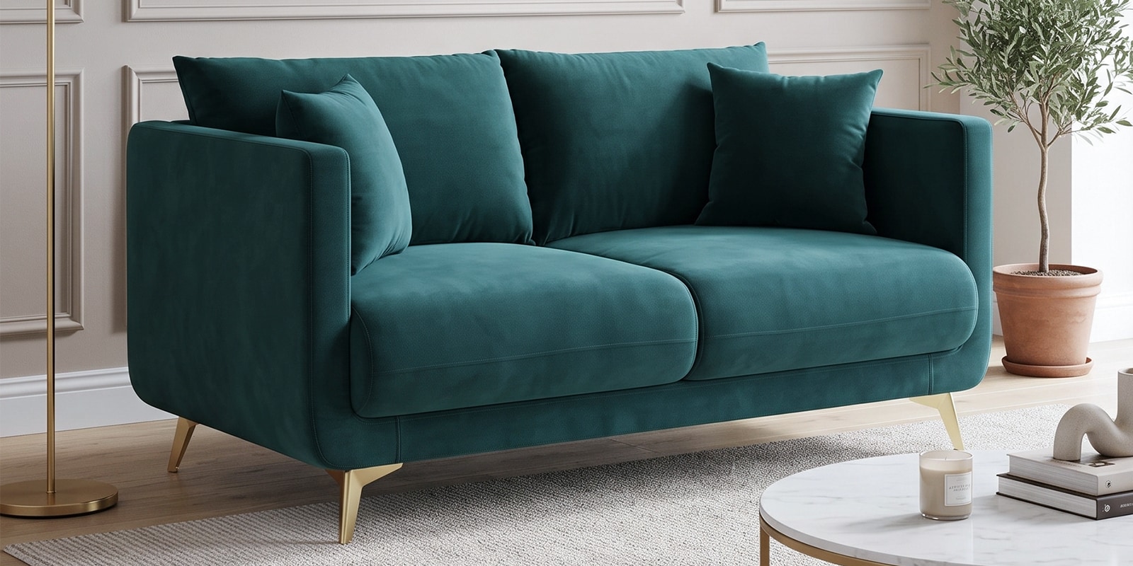 Frejol Velvet 2 Seater Sofa In Teal Blue Colour