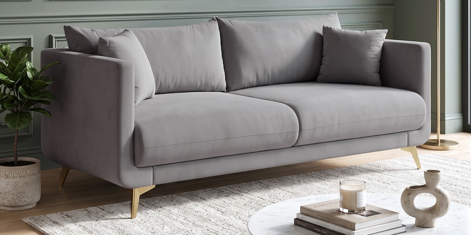 Frejol Velvet 3 Seater Sofa In Grey Colour