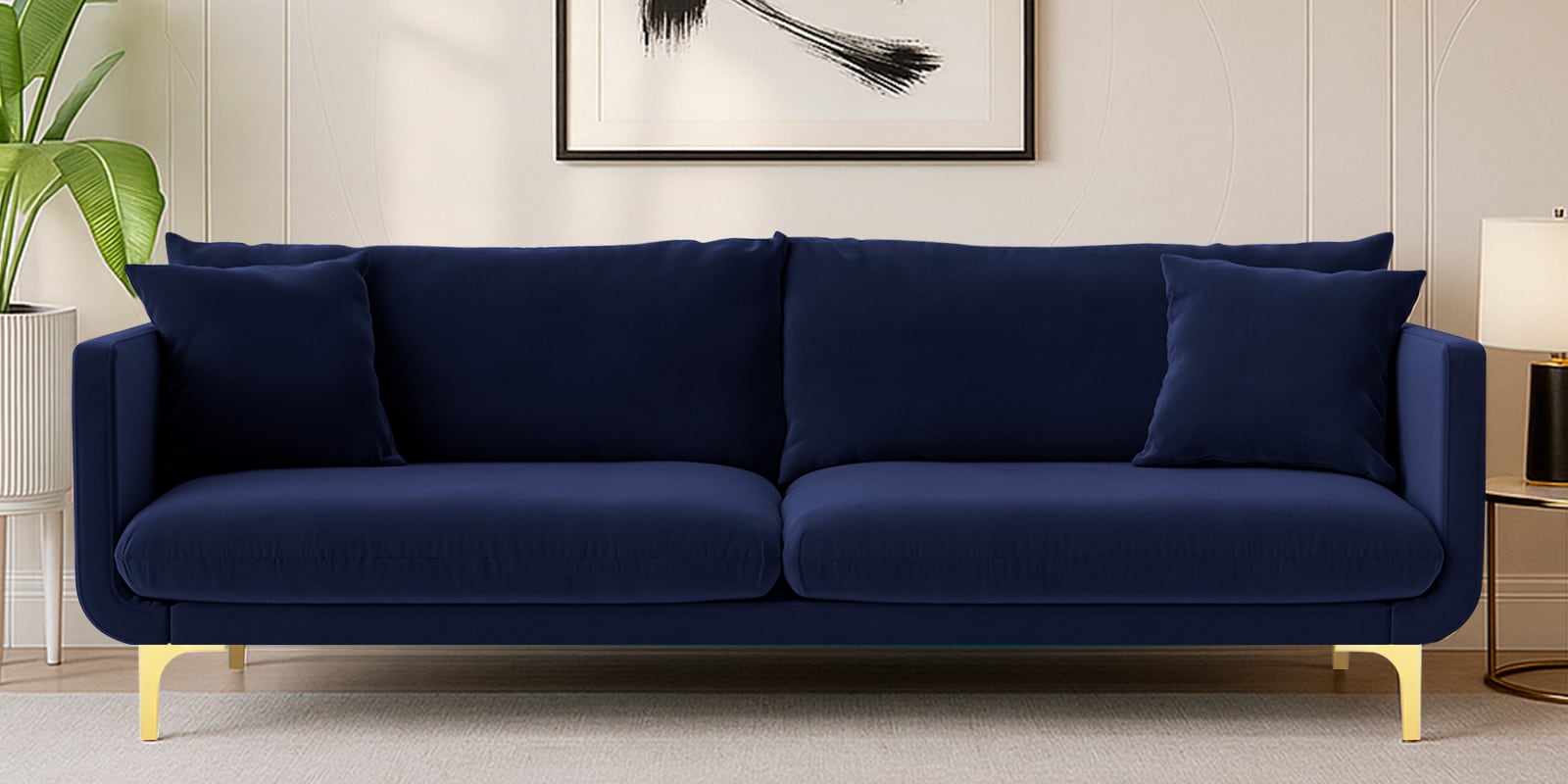 Frejol Velvet 3 Seater Sofa In Navy Blue Colour