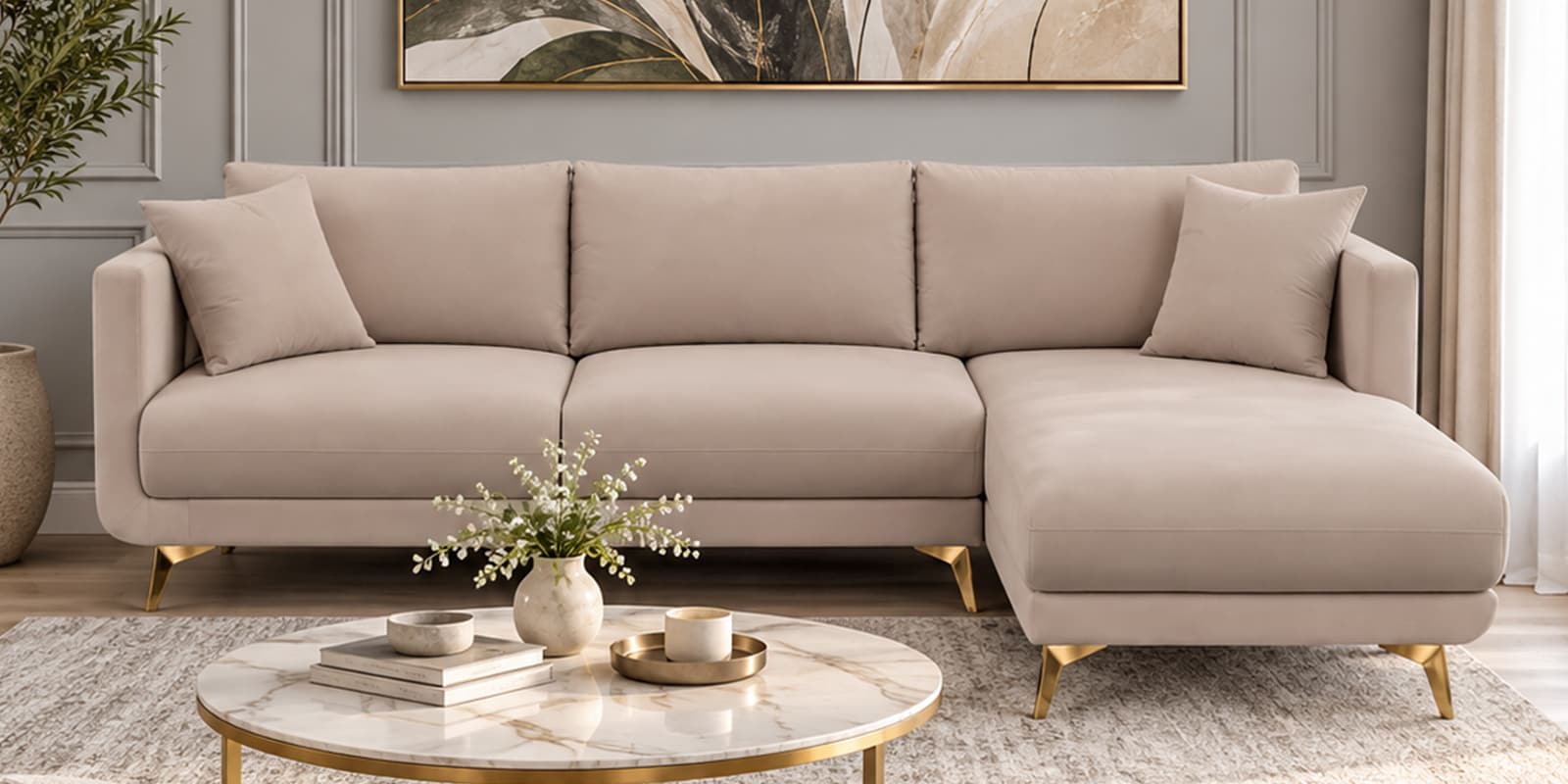 Frejol Velvet LHS Sectional Sofa (2 + Lounger) In Cream Colour