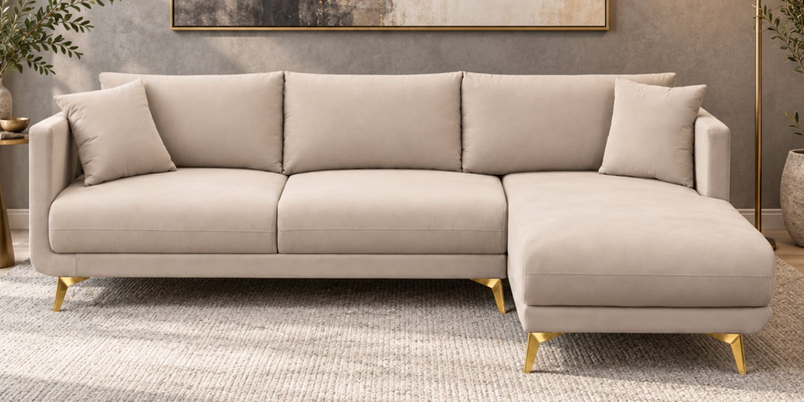 Frejol Velvet LHS Sectional Sofa In Cream Colour