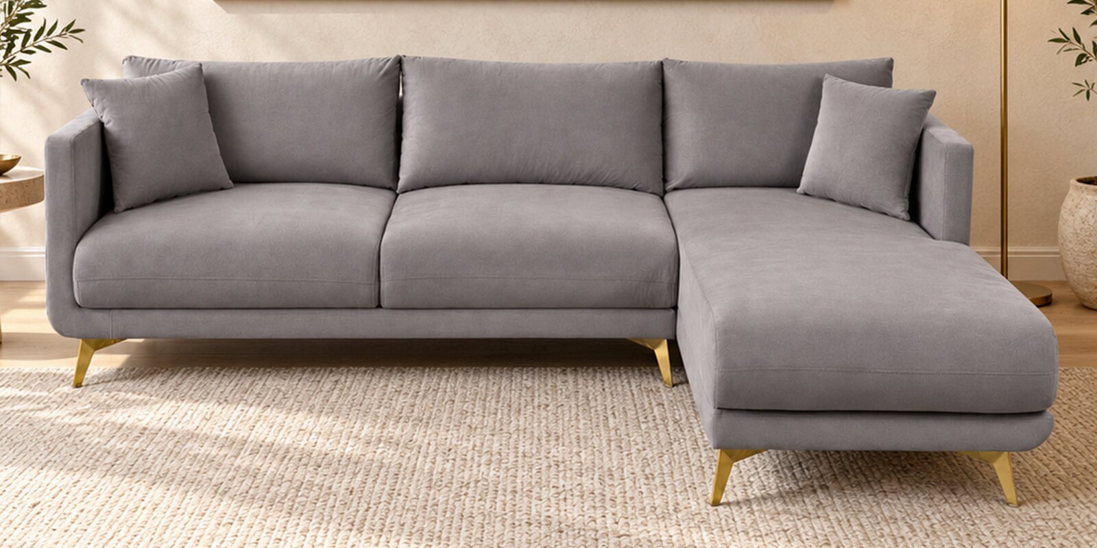 Frejol Velvet LHS Sectional Sofa In Grey Colour