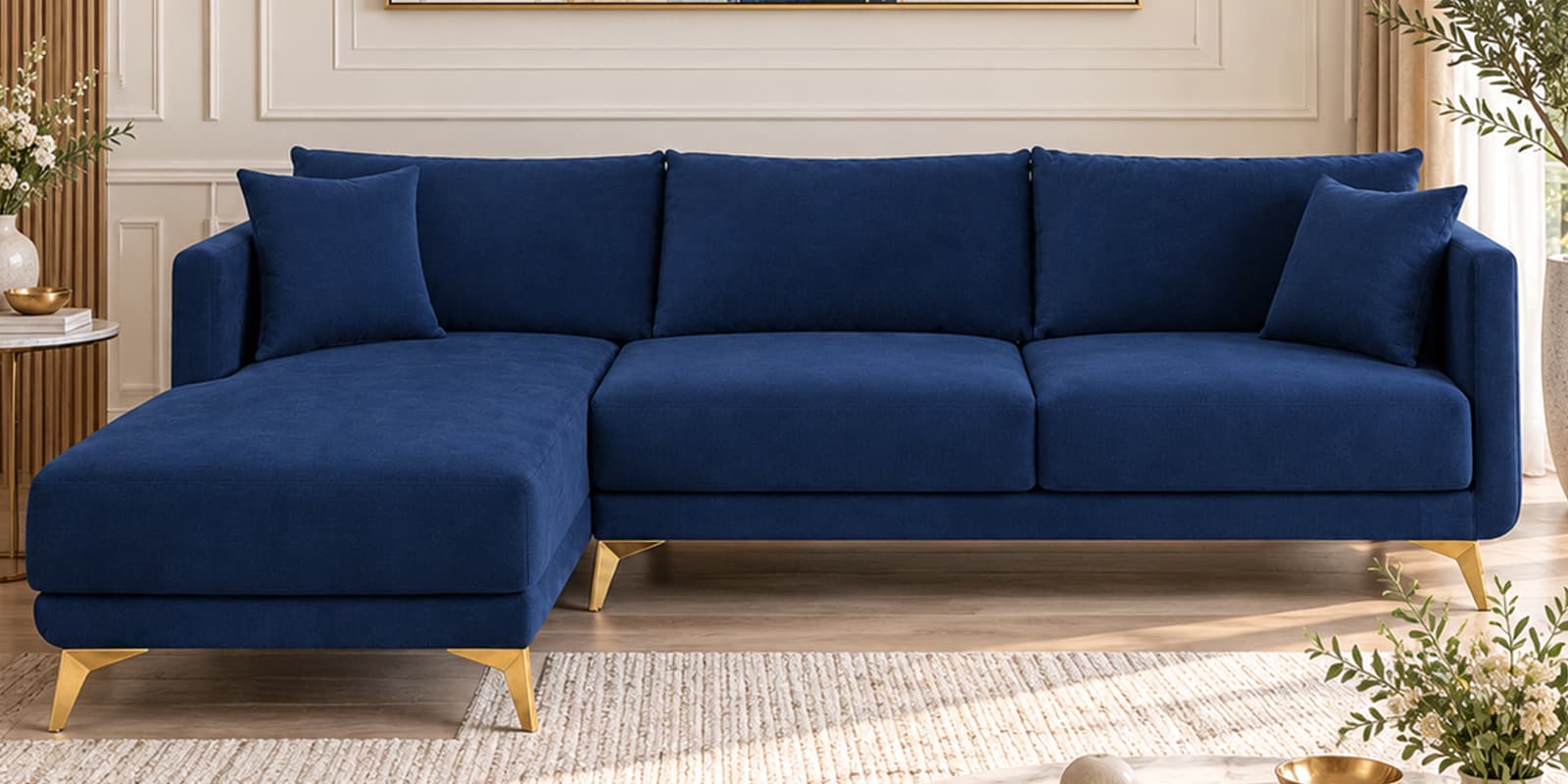 Frejol Velvet RHS Sectional Sofa (2 + Lounger) In Navy Blue Colour