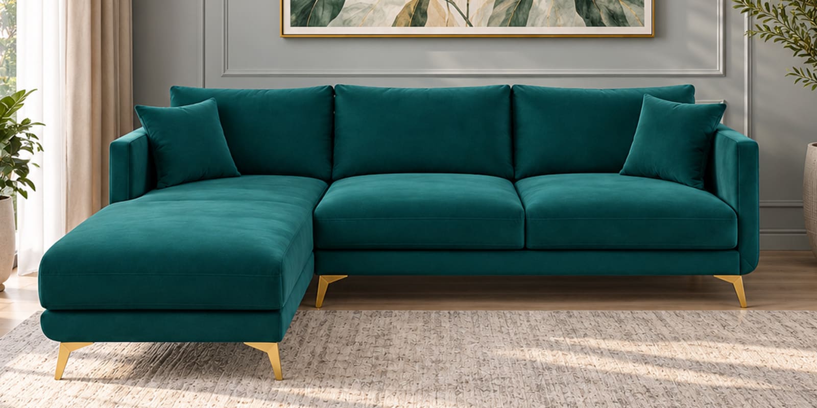 Frejol Velvet RHS Sectional Sofa (2 + Lounger) In Teal Blue Colour
