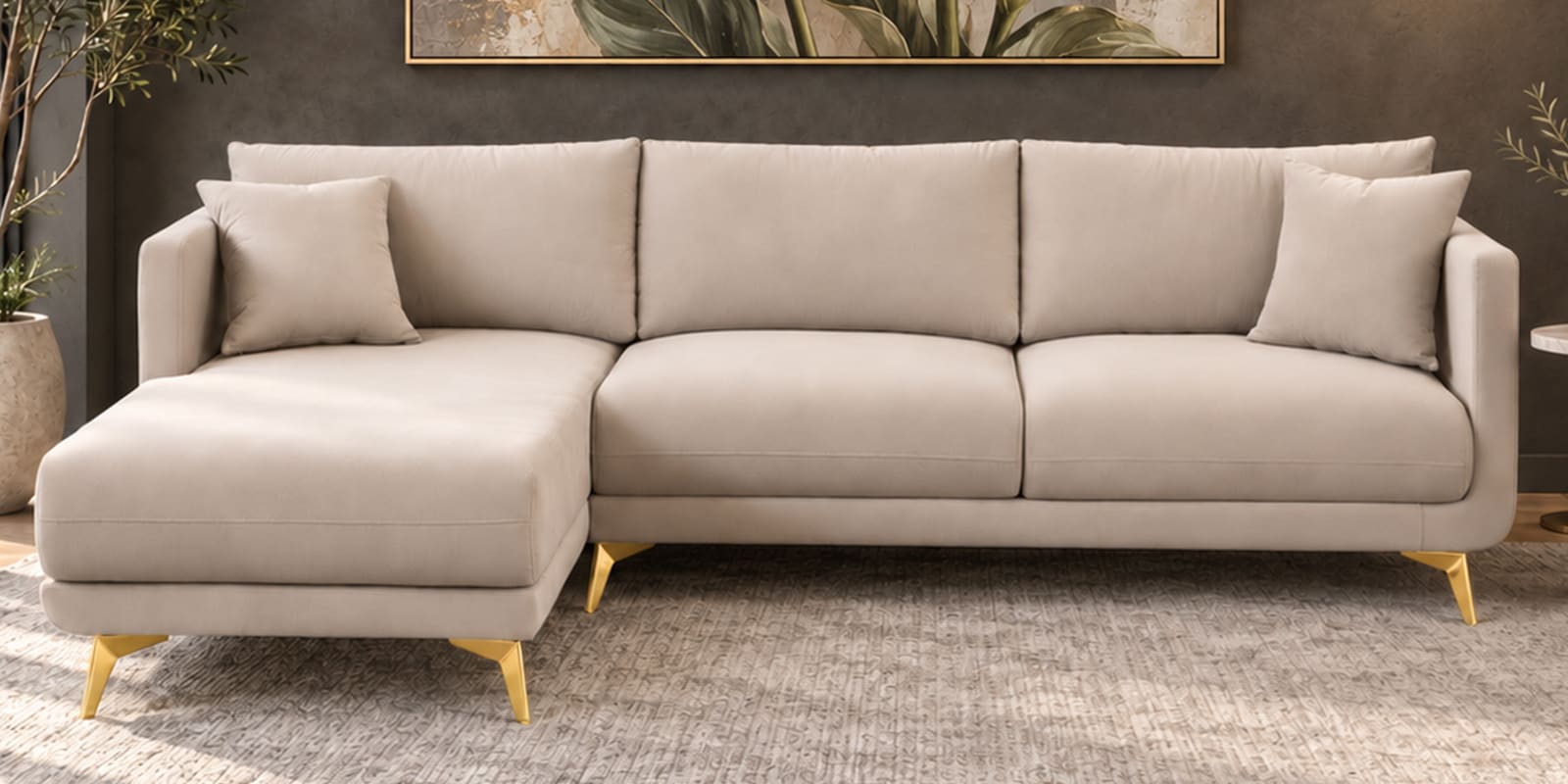 Frejol Velvet RHS Sectional Sofa In Cream Colour Frejol Velvet RHS Sectional Sofa In Cream Colour