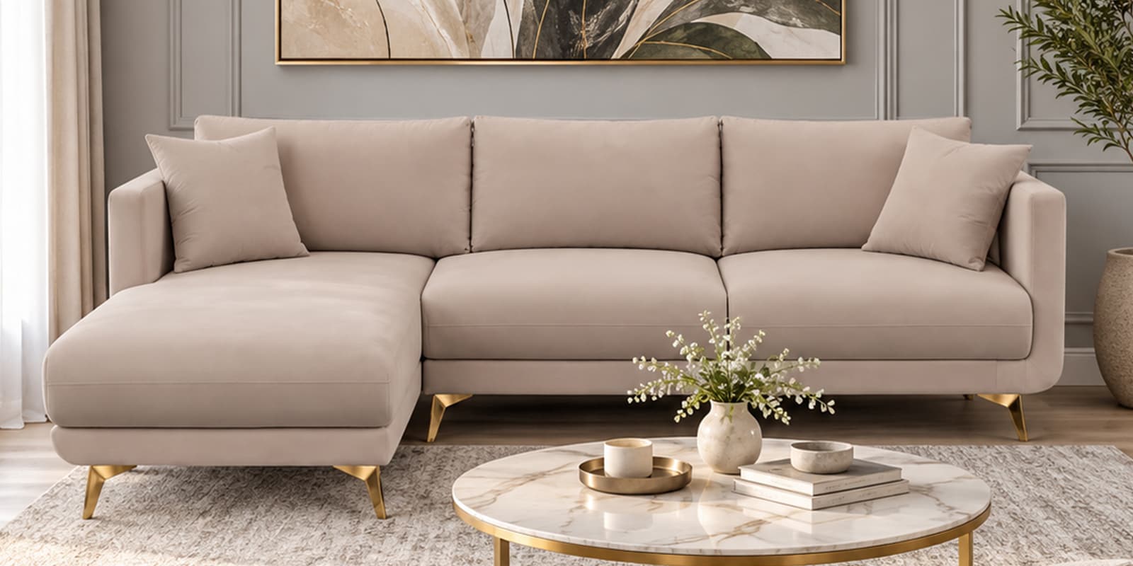 Frejol Velvet RHS Sectional Sofa (2 + Lounger) In Cream Colour